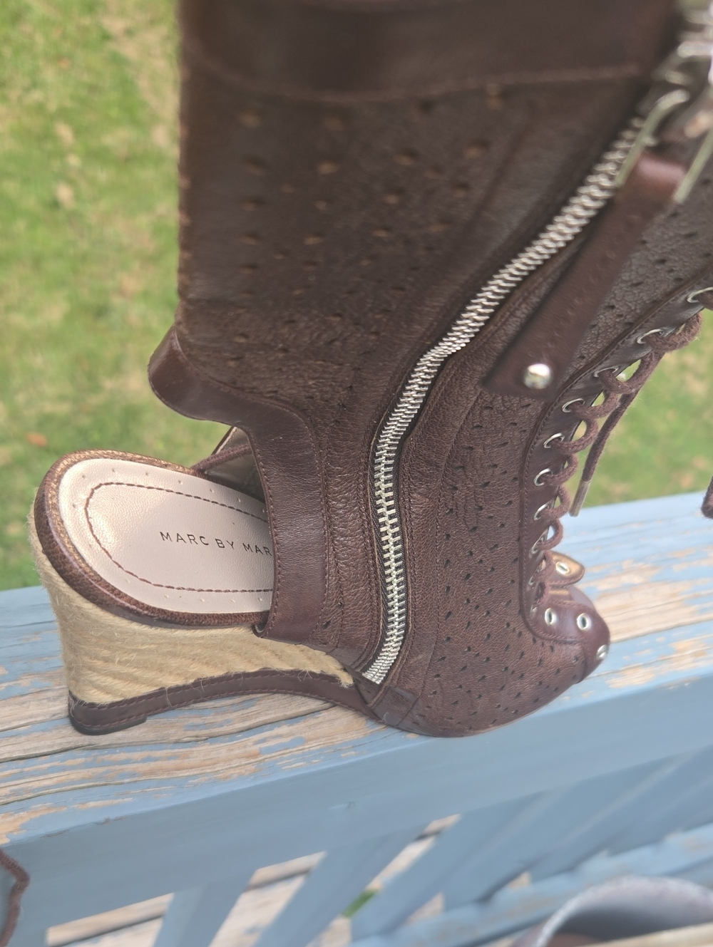 Marc by Marc Jacobs Dark Brown Perforated Leather Wedge Sandal with Side Zip